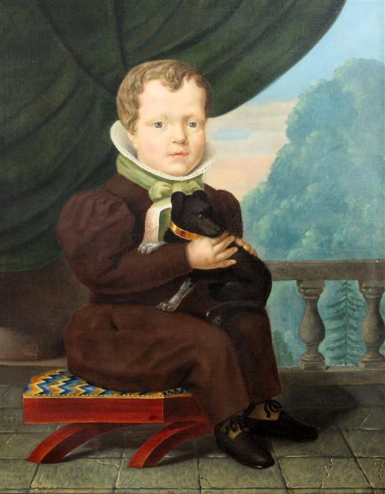 Continental School Portrait of a seated child holding a lap dog 31 x 25in.